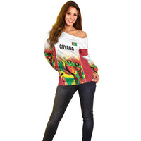 Custom Guyana Football Off Shoulder Sweater Golden Jaguars Spirit - White - Wonder Print Shop