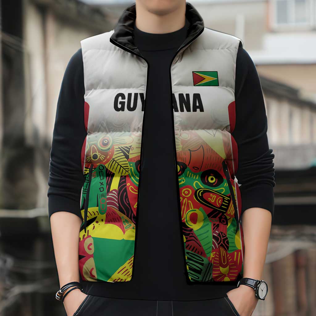 Custom Guyana Football Sleeveless Puffer Jacket Golden Jaguars Spirit - White - Wonder Print Shop