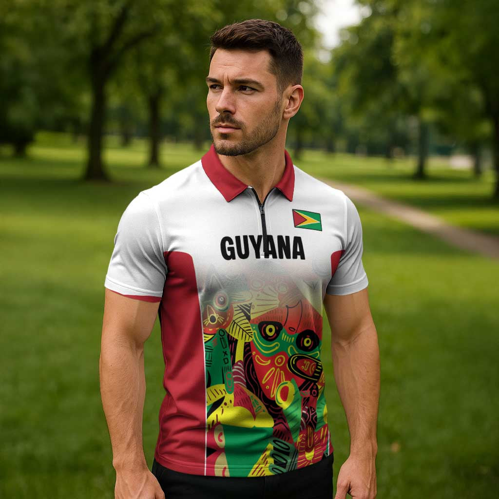 Custom Guyana Football Zipper Polo Shirt Golden Jaguars Spirit - White - Wonder Print Shop