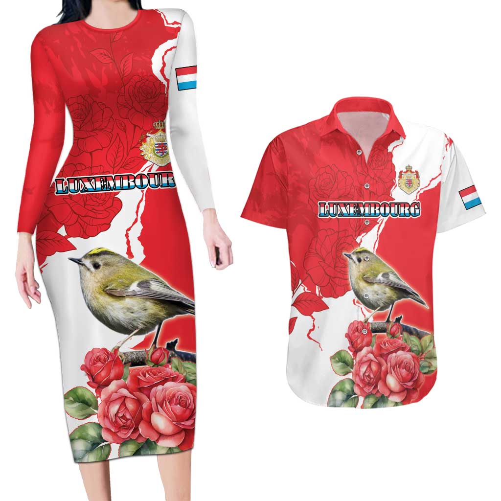 Personalized Luxembourg Goldcrest Regulus Couples Matching Long Sleeve Bodycon Dress and Hawaiian Shirt Red Roses - Wonder Print Shop