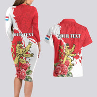 Personalized Luxembourg Goldcrest Regulus Couples Matching Long Sleeve Bodycon Dress and Hawaiian Shirt Red Roses - Wonder Print Shop