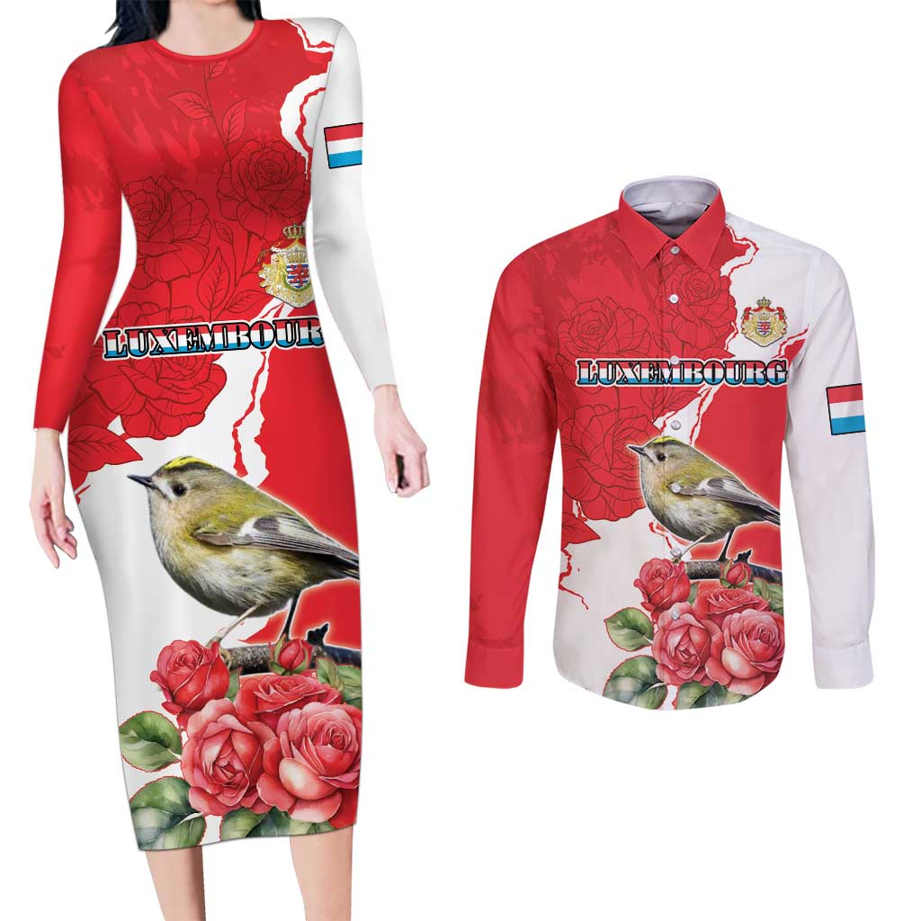 Personalized Luxembourg Goldcrest Regulus Couples Matching Long Sleeve Bodycon Dress and Long Sleeve Button Shirt Red Roses - Wonder Print Shop