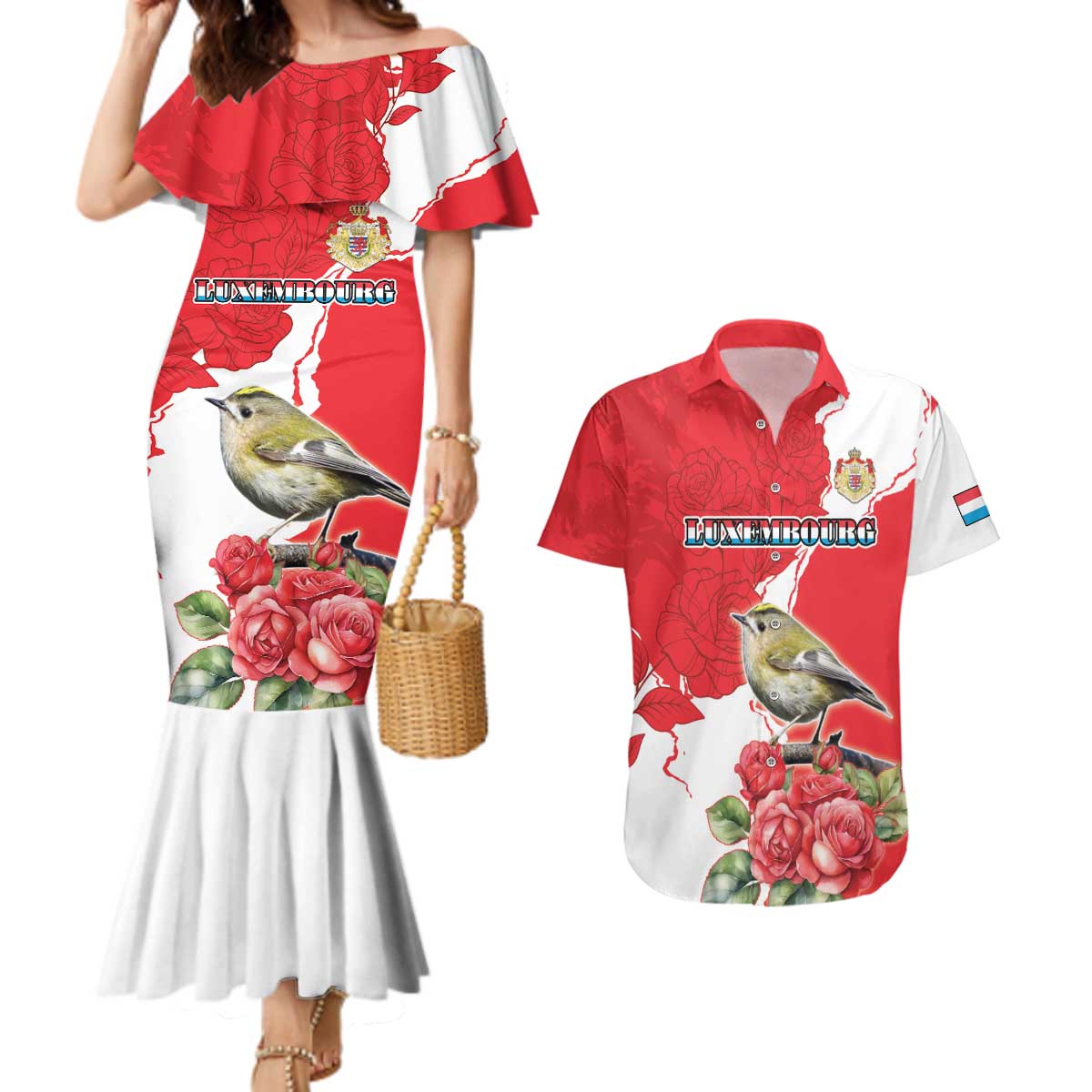 Personalized Luxembourg Goldcrest Regulus Couples Matching Mermaid Dress and Hawaiian Shirt Red Roses - Wonder Print Shop