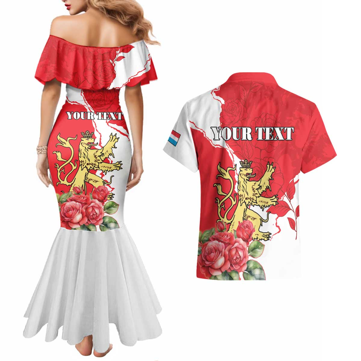 Personalized Luxembourg Goldcrest Regulus Couples Matching Mermaid Dress and Hawaiian Shirt Red Roses - Wonder Print Shop