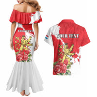 Personalized Luxembourg Goldcrest Regulus Couples Matching Mermaid Dress and Hawaiian Shirt Red Roses - Wonder Print Shop