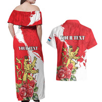 Personalized Luxembourg Goldcrest Regulus Couples Matching Off Shoulder Maxi Dress and Hawaiian Shirt Red Roses - Wonder Print Shop