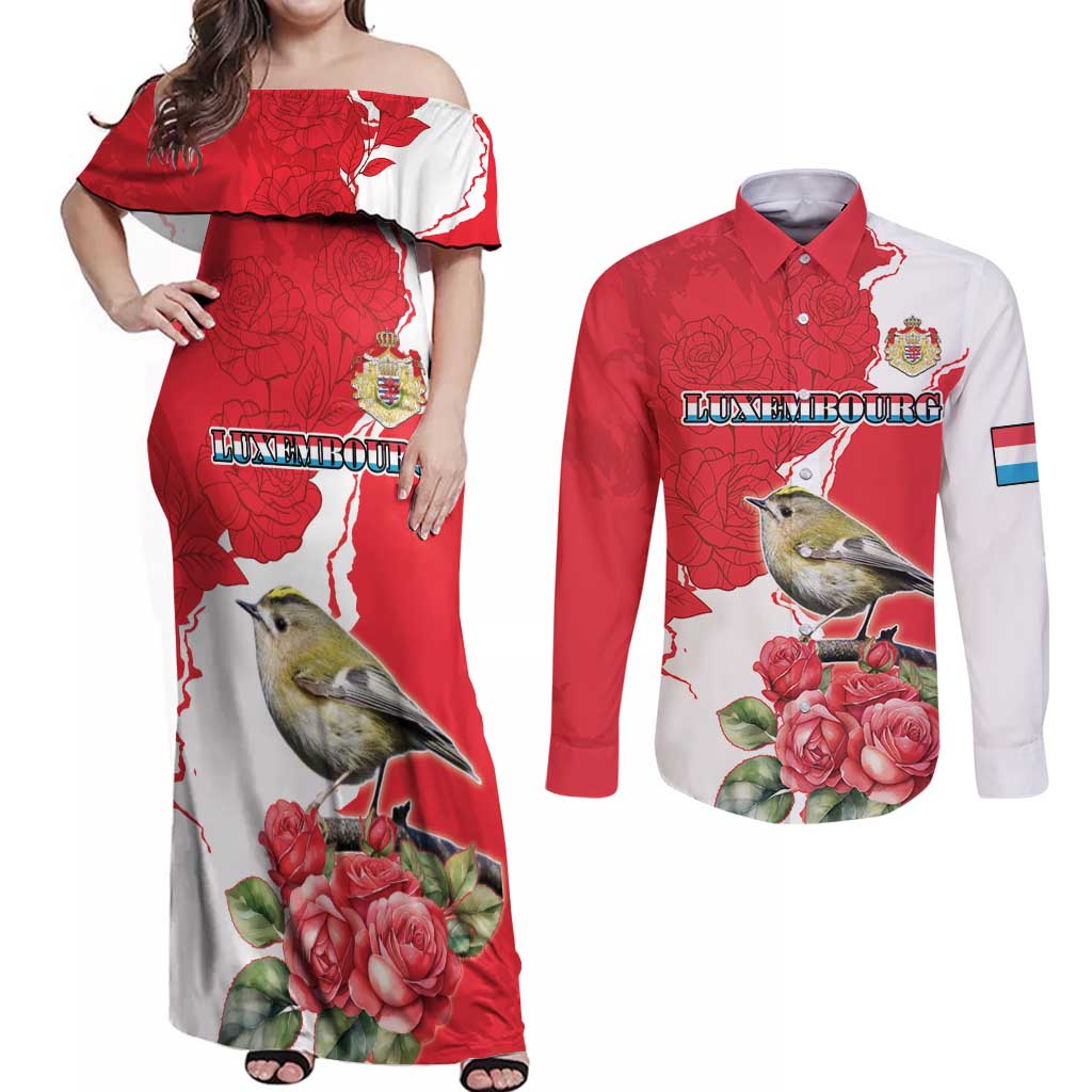 Personalized Luxembourg Goldcrest Regulus Couples Matching Off Shoulder Maxi Dress and Long Sleeve Button Shirt Red Roses - Wonder Print Shop