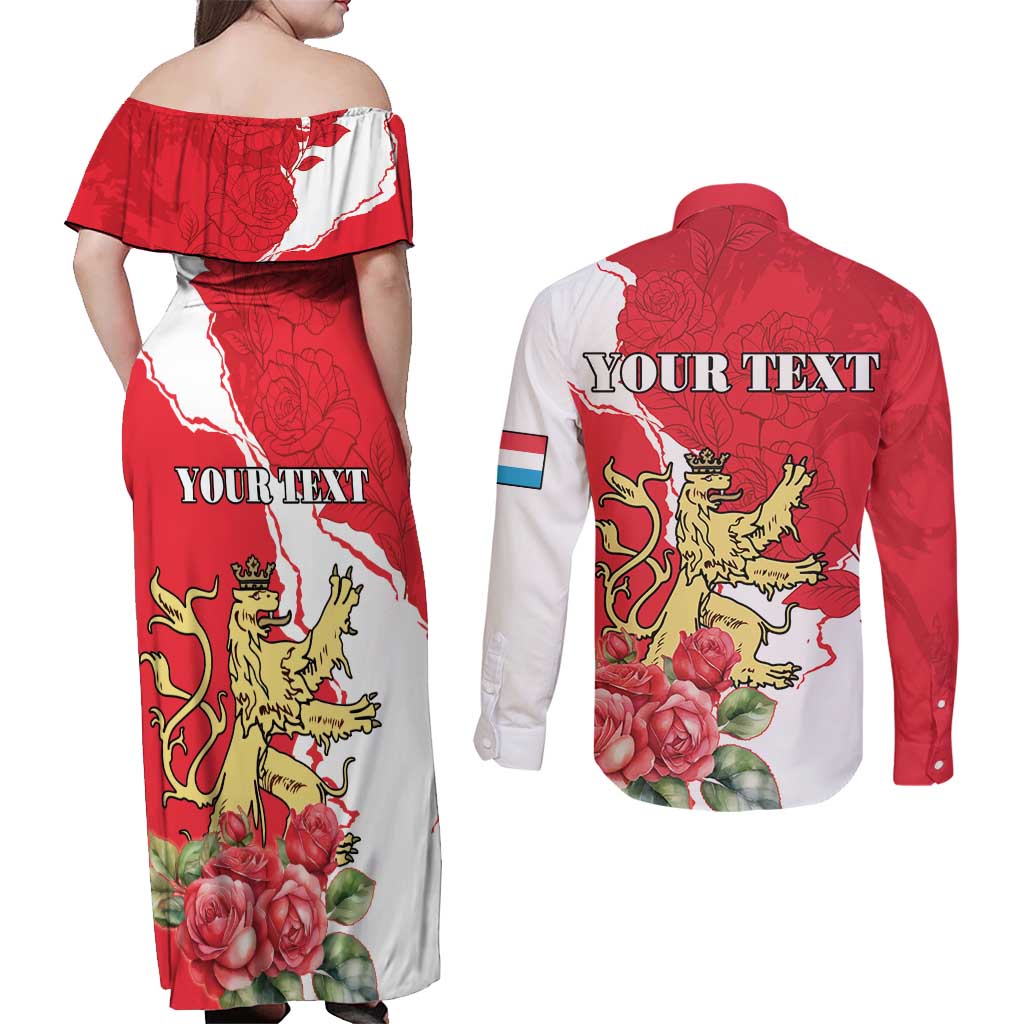 Personalized Luxembourg Goldcrest Regulus Couples Matching Off Shoulder Maxi Dress and Long Sleeve Button Shirt Red Roses - Wonder Print Shop