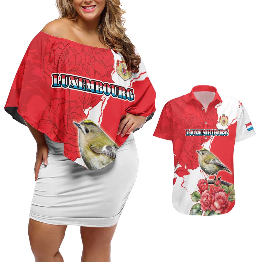 Personalized Luxembourg Goldcrest Regulus Couples Matching Off Shoulder Short Dress and Hawaiian Shirt Red Roses - Wonder Print Shop