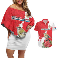 Personalized Luxembourg Goldcrest Regulus Couples Matching Off Shoulder Short Dress and Hawaiian Shirt Red Roses - Wonder Print Shop