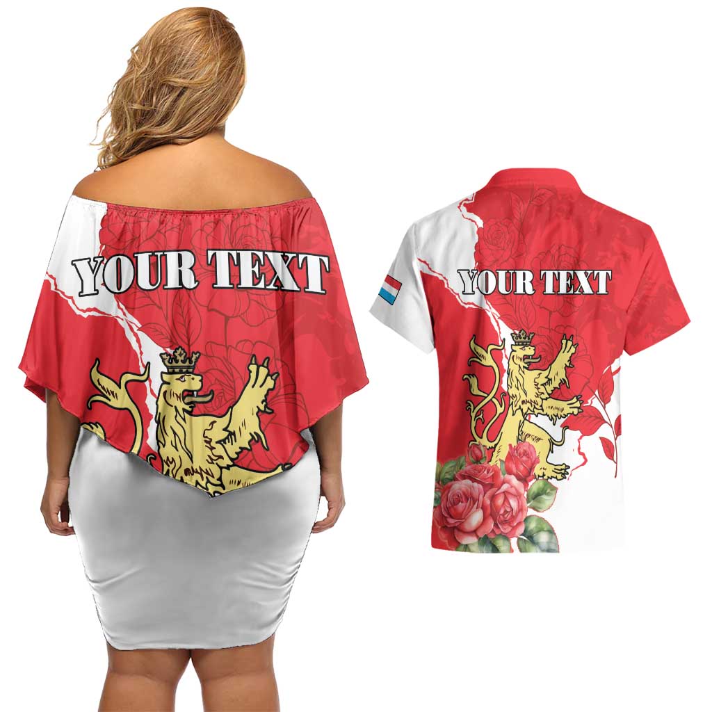 Personalized Luxembourg Goldcrest Regulus Couples Matching Off Shoulder Short Dress and Hawaiian Shirt Red Roses - Wonder Print Shop