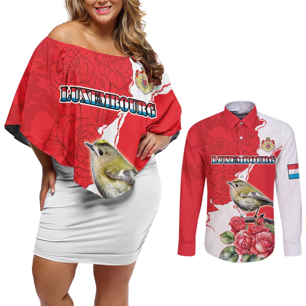 Personalized Luxembourg Goldcrest Regulus Couples Matching Off Shoulder Short Dress and Long Sleeve Button Shirt Red Roses - Wonder Print Shop