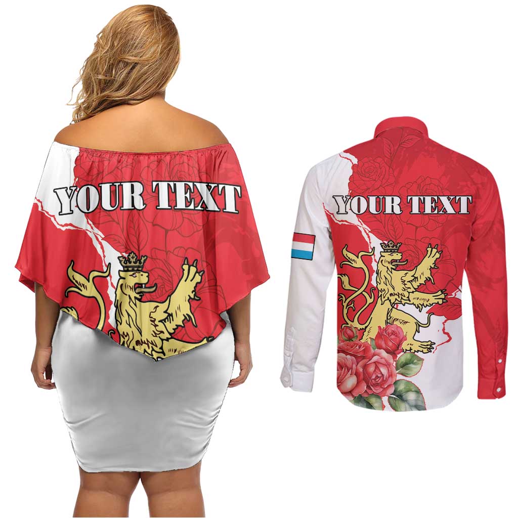 Personalized Luxembourg Goldcrest Regulus Couples Matching Off Shoulder Short Dress and Long Sleeve Button Shirt Red Roses - Wonder Print Shop