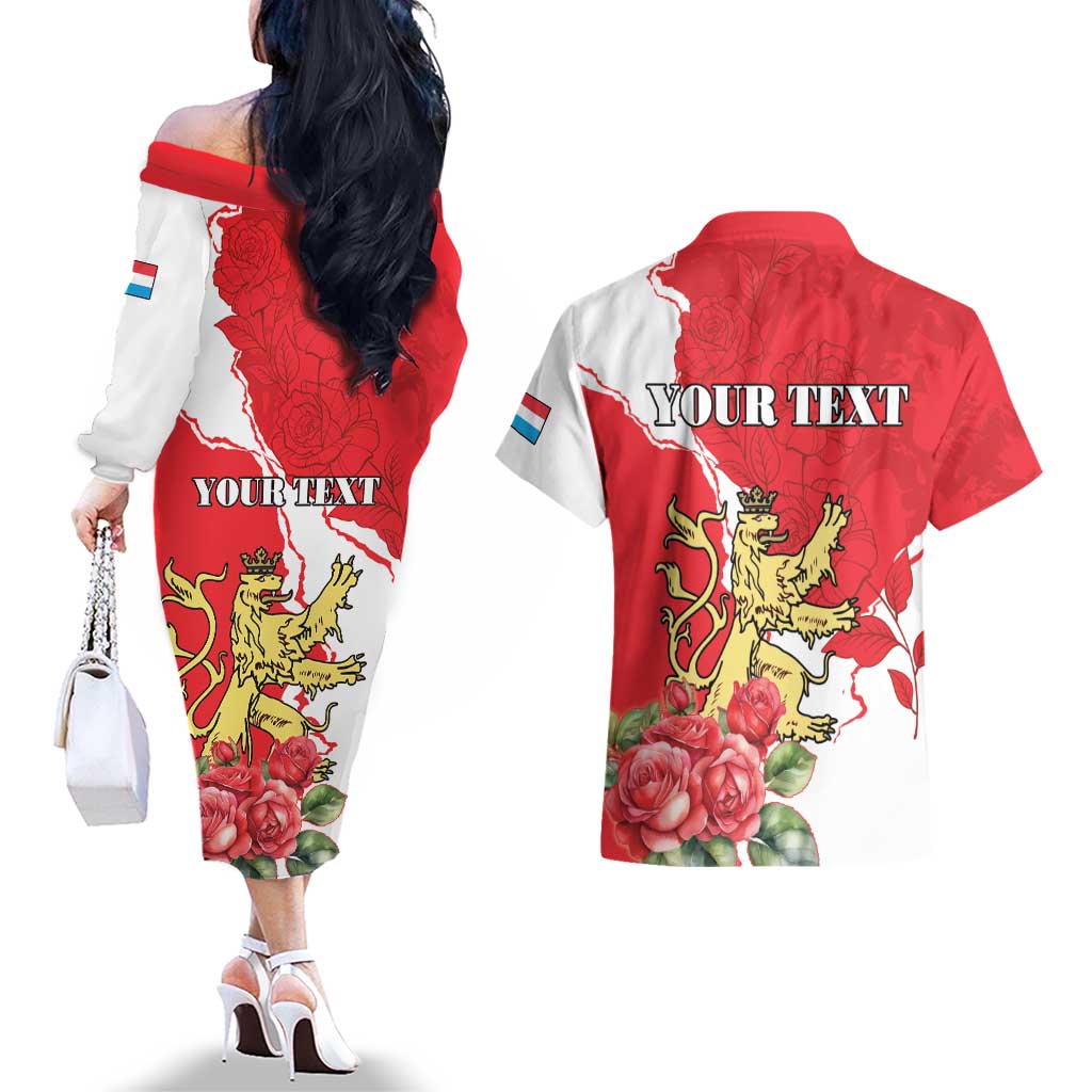 Personalized Luxembourg Goldcrest Regulus Couples Matching Off The Shoulder Long Sleeve Dress and Hawaiian Shirt Red Roses - Wonder Print Shop