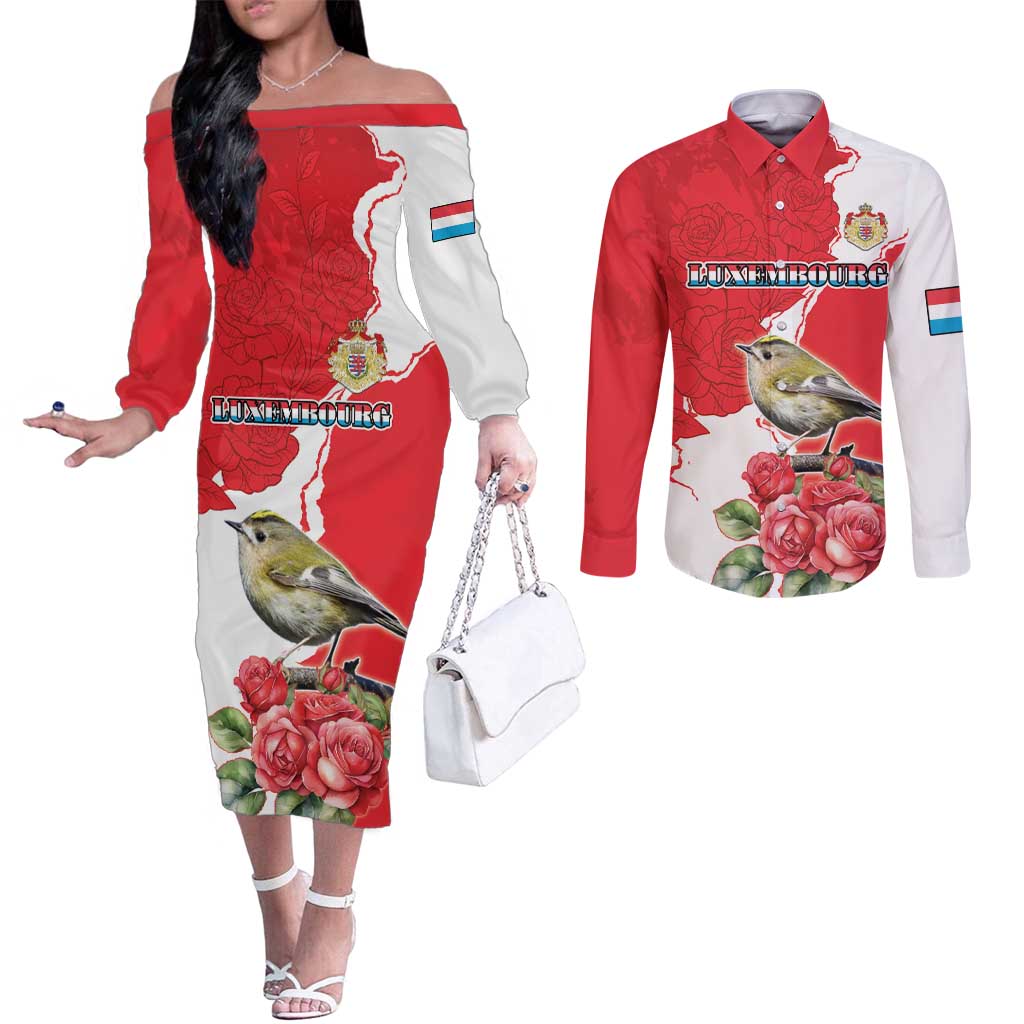 Personalized Luxembourg Goldcrest Regulus Couples Matching Off The Shoulder Long Sleeve Dress and Long Sleeve Button Shirt Red Roses