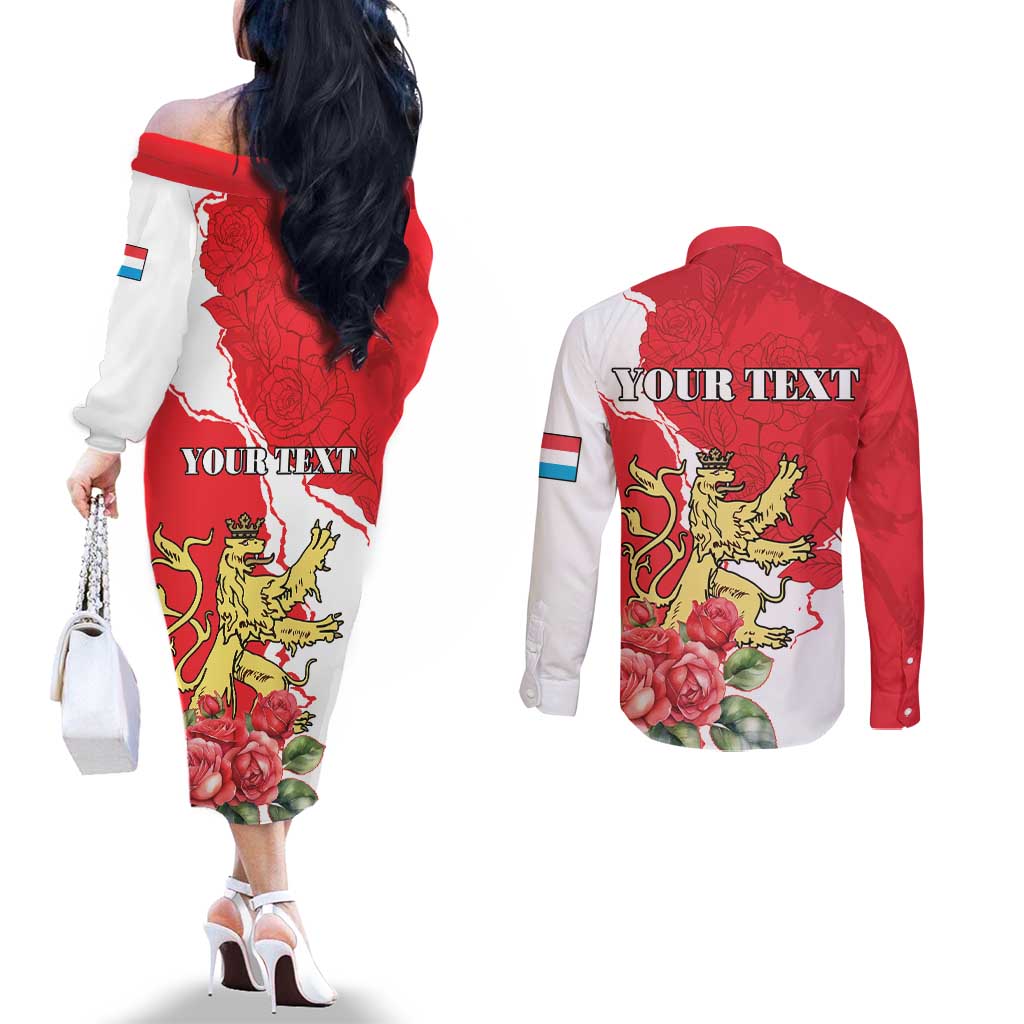Personalized Luxembourg Goldcrest Regulus Couples Matching Off The Shoulder Long Sleeve Dress and Long Sleeve Button Shirt Red Roses