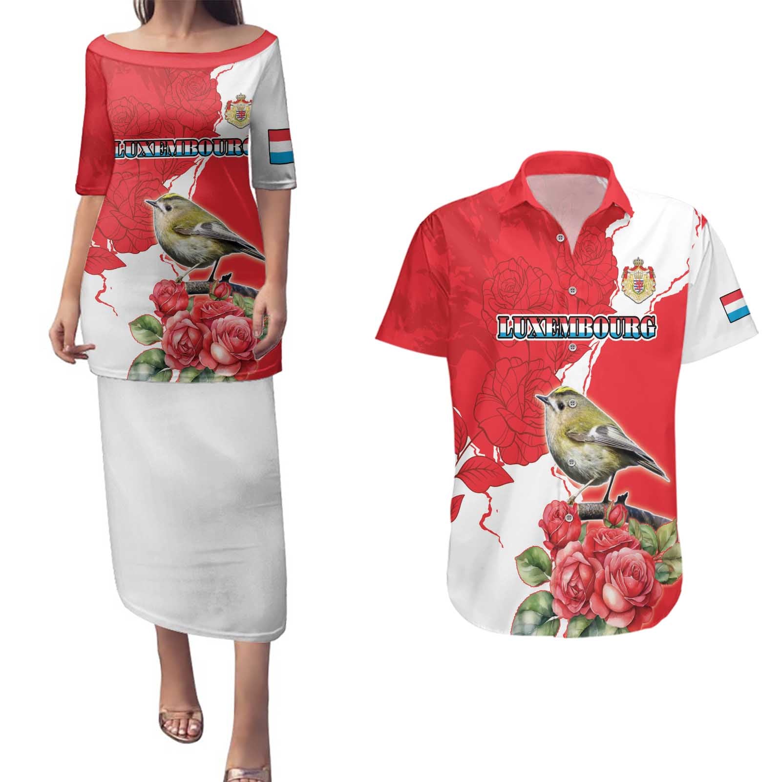 Personalized Luxembourg Goldcrest Regulus Couples Matching Puletasi and Hawaiian Shirt Red Roses - Wonder Print Shop
