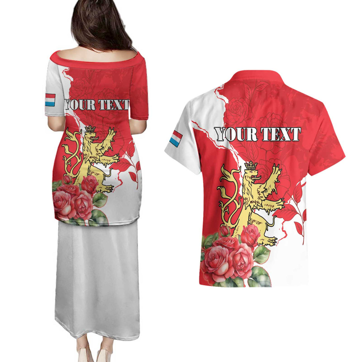 Personalized Luxembourg Goldcrest Regulus Couples Matching Puletasi and Hawaiian Shirt Red Roses - Wonder Print Shop