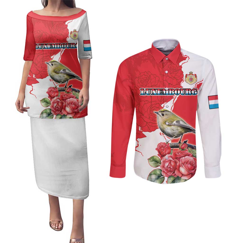 Personalized Luxembourg Goldcrest Regulus Couples Matching Puletasi and Long Sleeve Button Shirt Red Roses - Wonder Print Shop