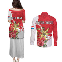 Personalized Luxembourg Goldcrest Regulus Couples Matching Puletasi and Long Sleeve Button Shirt Red Roses - Wonder Print Shop