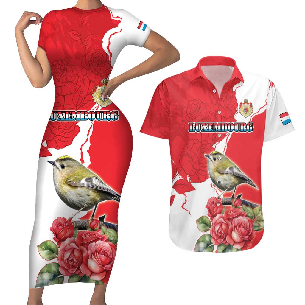 Personalized Luxembourg Goldcrest Regulus Couples Matching Short Sleeve Bodycon Dress and Hawaiian Shirt Red Roses - Wonder Print Shop