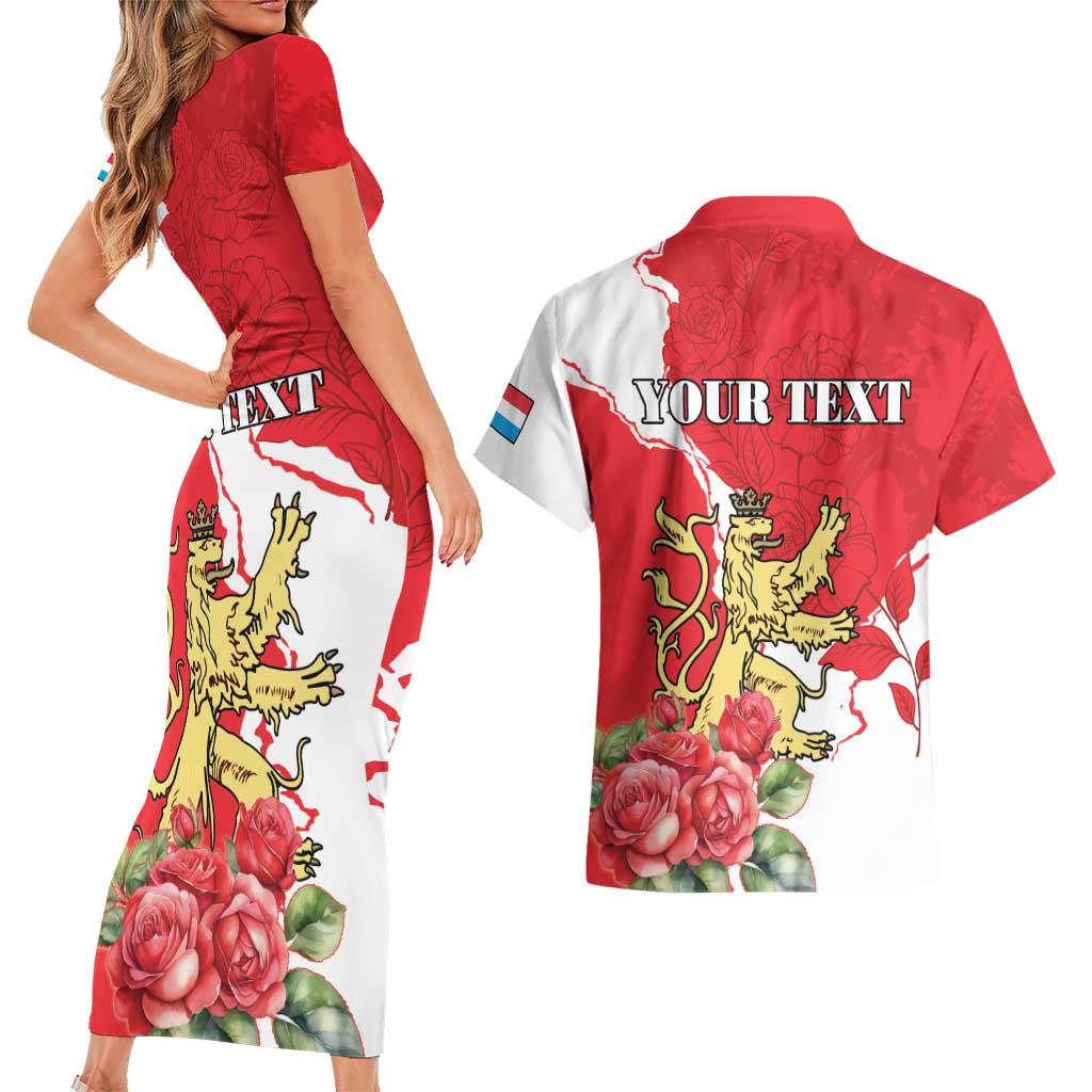 Personalized Luxembourg Goldcrest Regulus Couples Matching Short Sleeve Bodycon Dress and Hawaiian Shirt Red Roses - Wonder Print Shop