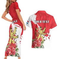 Personalized Luxembourg Goldcrest Regulus Couples Matching Short Sleeve Bodycon Dress and Hawaiian Shirt Red Roses - Wonder Print Shop