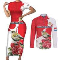 Personalized Luxembourg Goldcrest Regulus Couples Matching Short Sleeve Bodycon Dress and Long Sleeve Button Shirt Red Roses - Wonder Print Shop