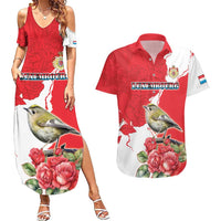 Personalized Luxembourg Goldcrest Regulus Couples Matching Summer Maxi Dress and Hawaiian Shirt Red Roses - Wonder Print Shop