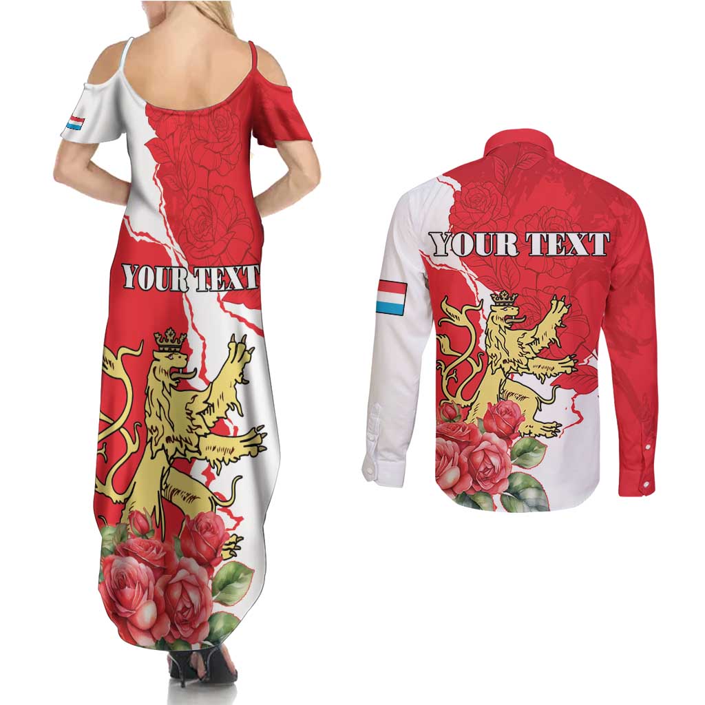 Personalized Luxembourg Goldcrest Regulus Couples Matching Summer Maxi Dress and Long Sleeve Button Shirt Red Roses - Wonder Print Shop