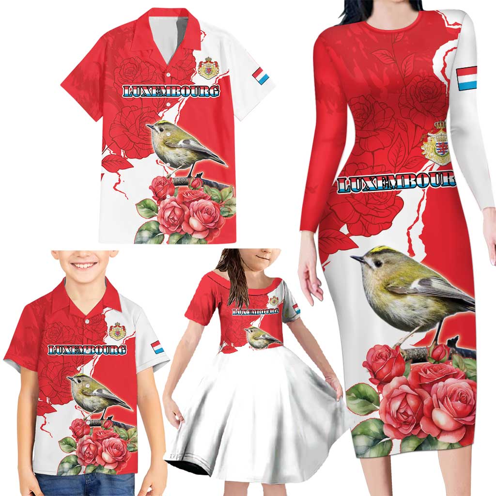 Personalized Luxembourg Goldcrest Regulus Family Matching Long Sleeve Bodycon Dress and Hawaiian Shirt Red Roses - Wonder Print Shop