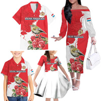 Personalized Luxembourg Goldcrest Regulus Family Matching Off The Shoulder Long Sleeve Dress and Hawaiian Shirt Red Roses - Wonder Print Shop