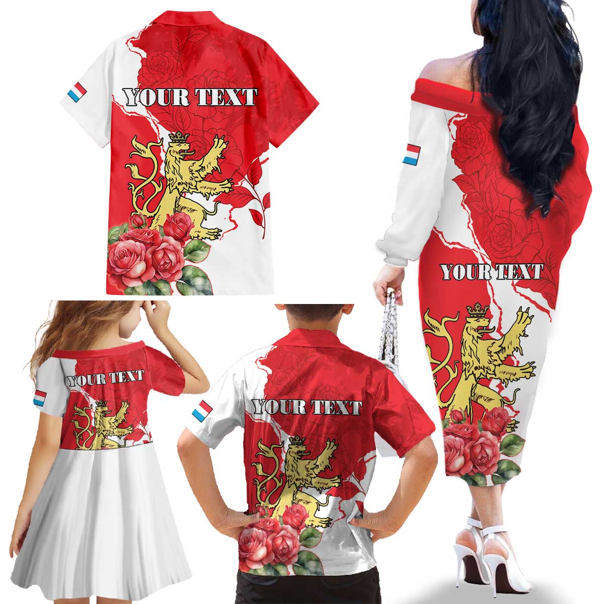 Personalized Luxembourg Goldcrest Regulus Family Matching Off The Shoulder Long Sleeve Dress and Hawaiian Shirt Red Roses - Wonder Print Shop