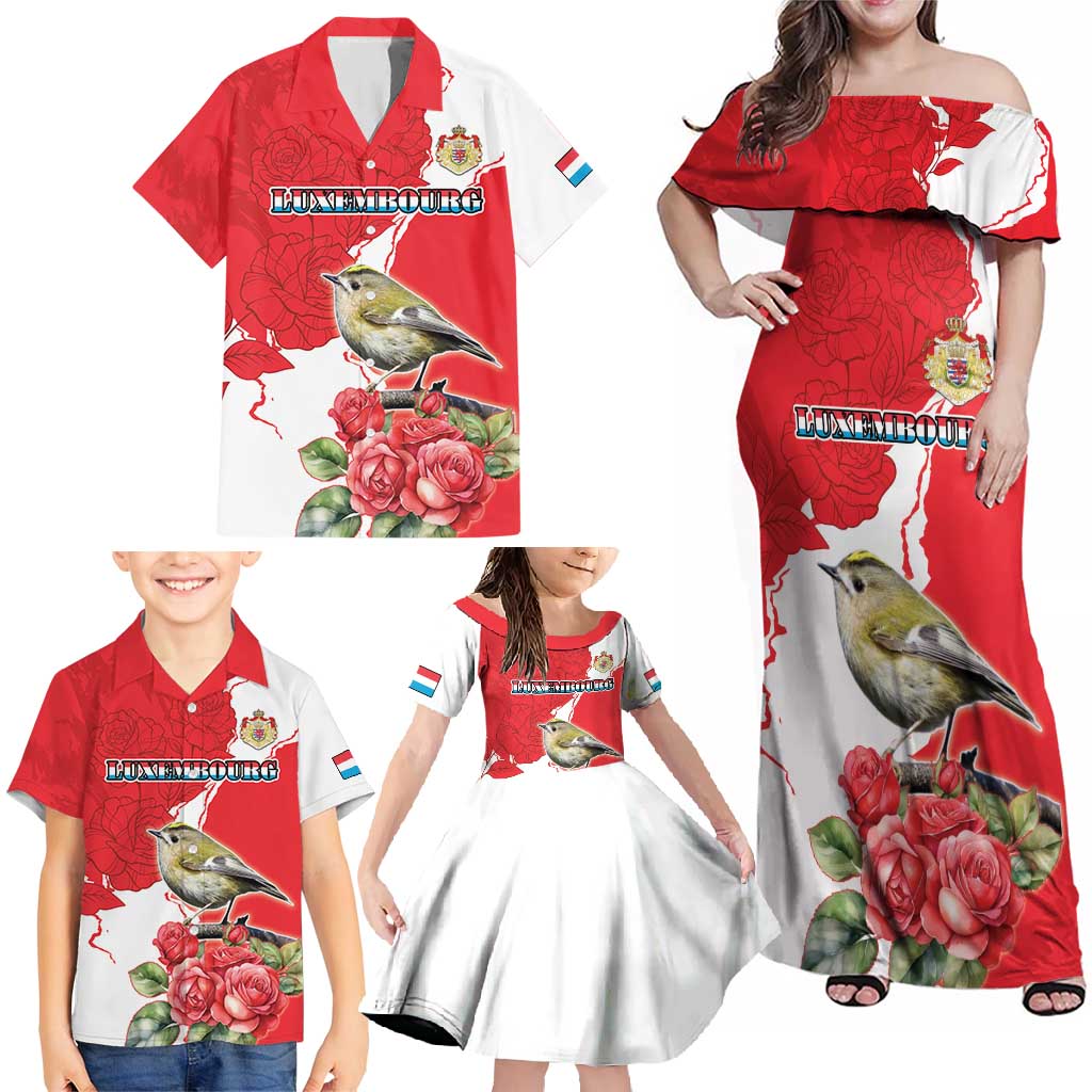 Personalized Luxembourg Goldcrest Regulus Family Matching Off Shoulder Maxi Dress and Hawaiian Shirt Red Roses - Wonder Print Shop