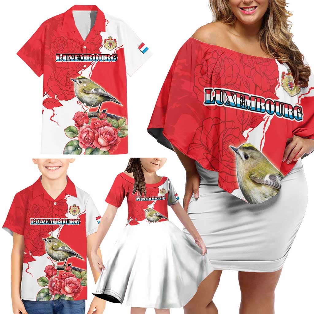 Personalized Luxembourg Goldcrest Regulus Family Matching Off Shoulder Short Dress and Hawaiian Shirt Red Roses - Wonder Print Shop