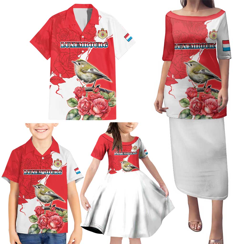 Personalized Luxembourg Goldcrest Regulus Family Matching Puletasi and Hawaiian Shirt Red Roses - Wonder Print Shop