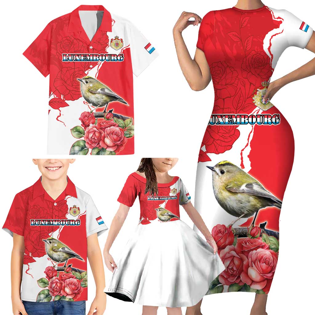 Personalized Luxembourg Goldcrest Regulus Family Matching Short Sleeve Bodycon Dress and Hawaiian Shirt Red Roses - Wonder Print Shop