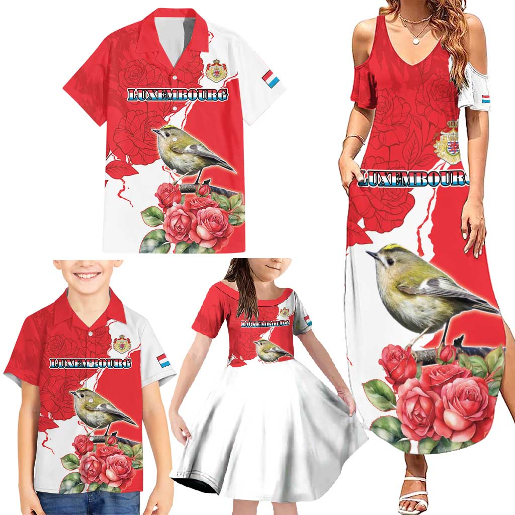Personalized Luxembourg Goldcrest Regulus Family Matching Summer Maxi Dress and Hawaiian Shirt Red Roses - Wonder Print Shop