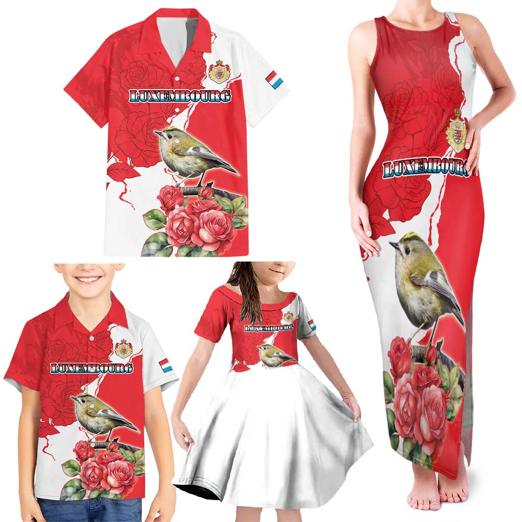 Personalized Luxembourg Goldcrest Regulus Family Matching Tank Maxi Dress and Hawaiian Shirt Red Roses - Wonder Print Shop