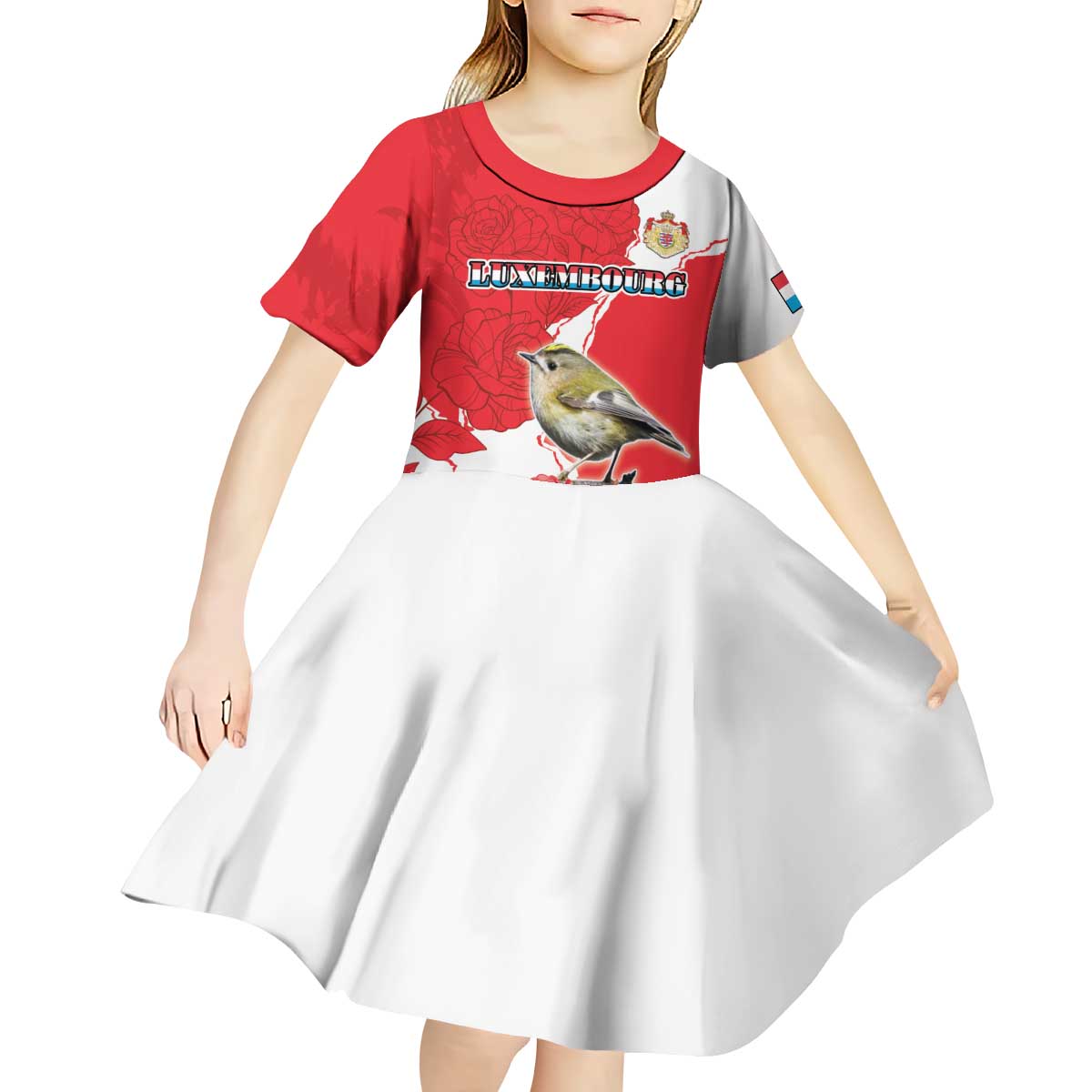 Personalized Luxembourg Goldcrest Regulus Kid Short Sleeve Dress Red Roses - Wonder Print Shop