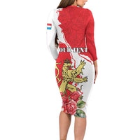 Personalized Luxembourg Goldcrest Regulus Long Sleeve Bodycon Dress Red Roses - Wonder Print Shop
