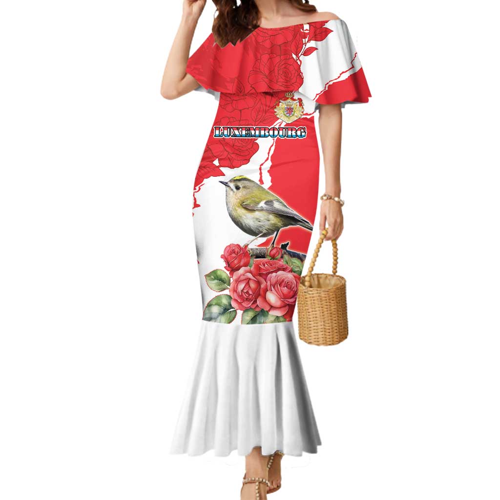 Personalized Luxembourg Goldcrest Regulus Mermaid Dress Red Roses - Wonder Print Shop