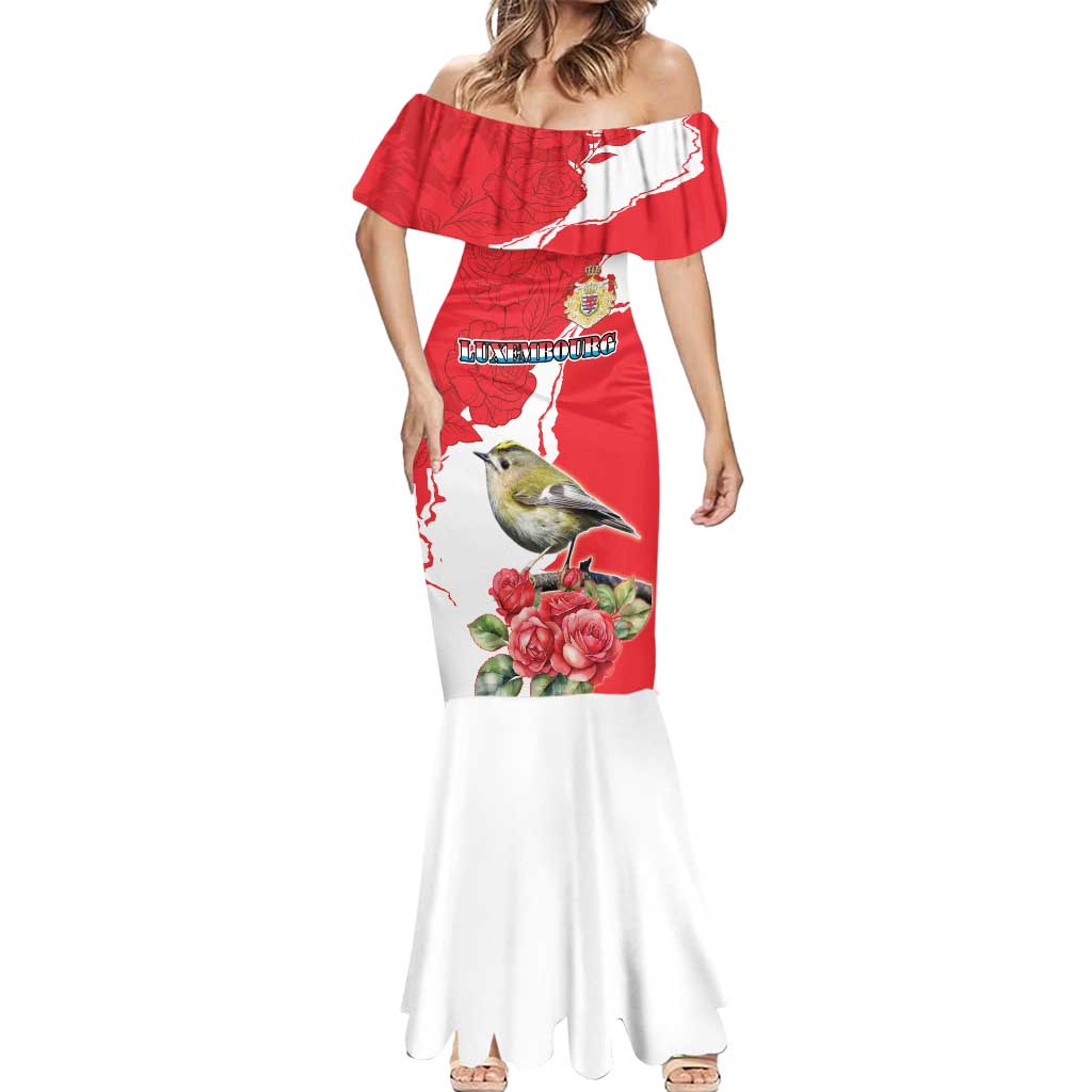 Personalized Luxembourg Goldcrest Regulus Mermaid Dress Red Roses - Wonder Print Shop