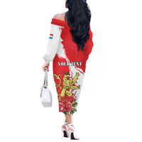Personalized Luxembourg Goldcrest Regulus Off The Shoulder Long Sleeve Dress Red Roses - Wonder Print Shop