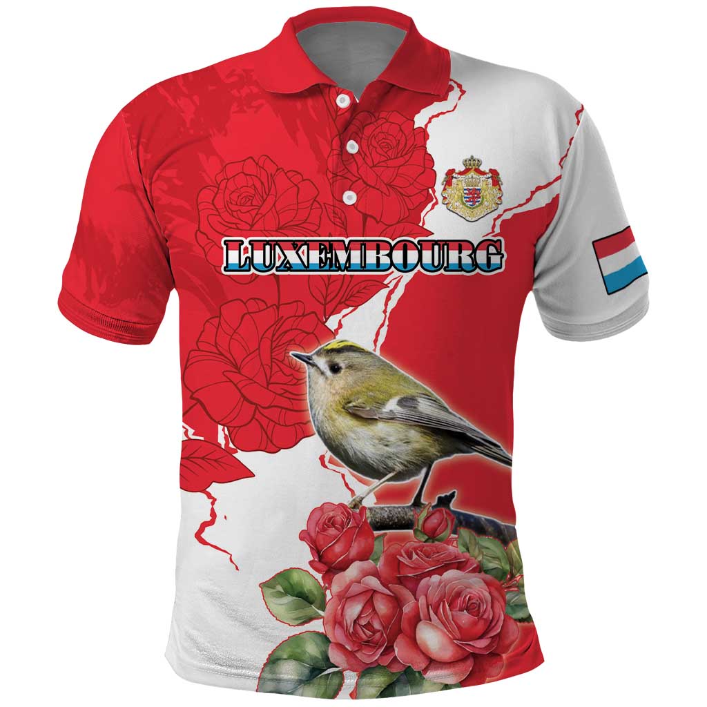 Personalized Luxembourg Goldcrest Regulus Polo Shirt Red Roses - Wonder Print Shop