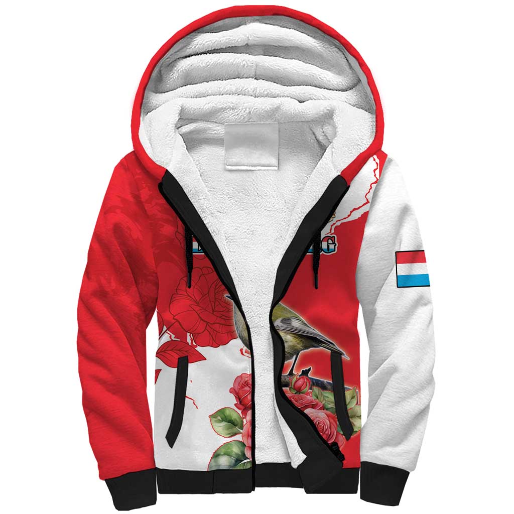 Personalized Luxembourg Goldcrest Regulus Sherpa Hoodie Red Roses - Wonder Print Shop