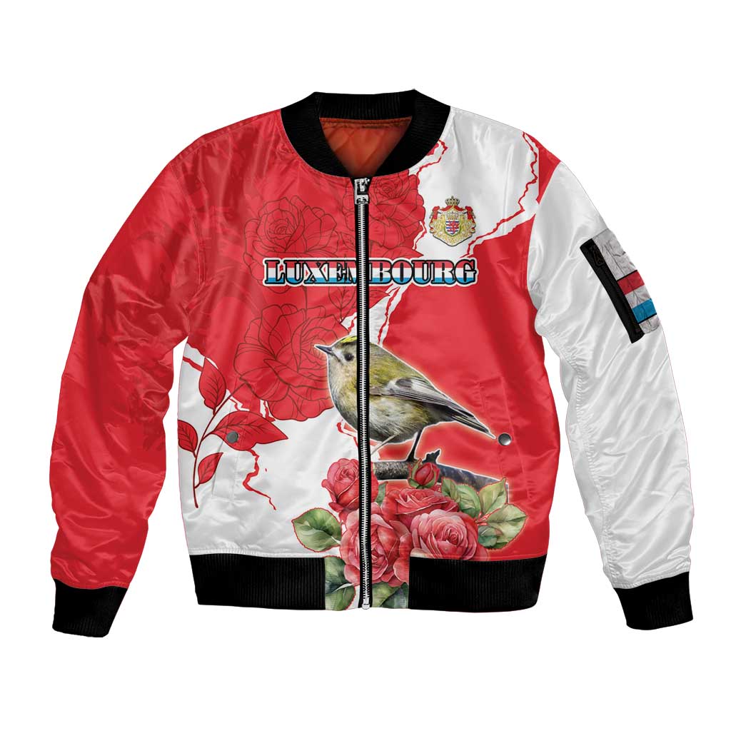 Personalized Luxembourg Goldcrest Regulus Sleeve Zip Bomber Jacket Red Roses - Wonder Print Shop