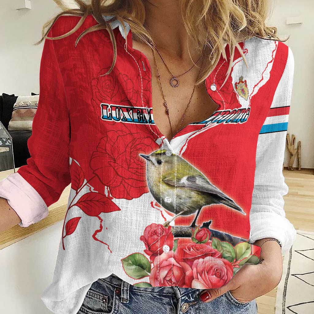 Personalized Luxembourg Goldcrest Regulus Women Casual Shirt Red Roses - Wonder Print Shop