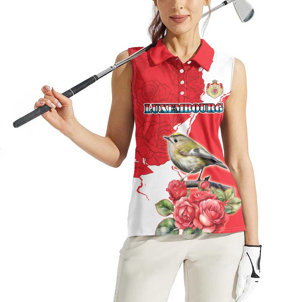 Personalized Luxembourg Goldcrest Regulus Women Sleeveless Polo Shirt Red Roses - Wonder Print Shop