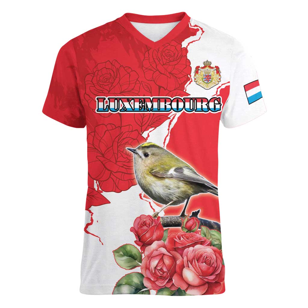 Personalized Luxembourg Goldcrest Regulus Women V-Neck T-Shirt Red Roses - Wonder Print Shop